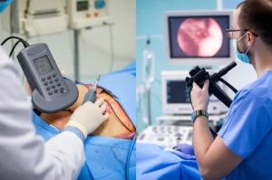 Immagine fotorealistica divisa verticalmente: a sinistra, un medico esegue una tracheostomia percutanea guidata da ecografo, con focus sulla sonda ecografica sul collo del paziente e lo schermo che mostra le strutture anatomiche, ambiente di terapia intensiva luminoso. A destra, un medico esegue la stessa procedura guidata da broncoscopio, con focus sullo schermo che mostra la vista interna della trachea, ambiente simile. Obiettivo prime 50mm, profondità di campo che sfoca leggermente lo sfondo.