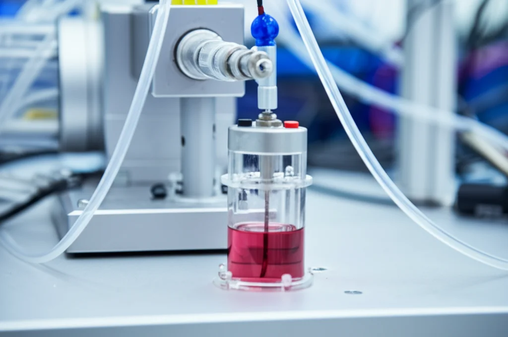 Immagine fotorealistica, obiettivo prime 50mm, che cattura il sistema AirDrive mentre testa stent coronarici. Primo piano su una piccola camera di test trasparente contenente uno stent attraverso cui scorre sangue simulato, collegata al meccanismo della pompa pneumatica sullo sfondo. Profondità di campo, illuminazione controllata da laboratorio, alto dettaglio sullo stent e sul flusso.