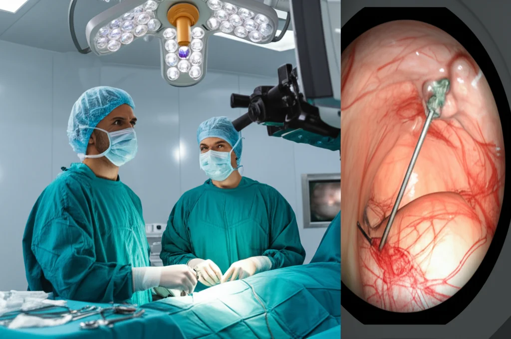 Immagine simbolica che contrappone una sala operatoria tradizionale luminosa con chirurghi al lavoro a uno schermo laparoscopico che mostra una visione ingrandita dell'interno dell'addome durante un intervento, effetto diviso o giustapposto, illuminazione drammatica focalizzata sui due scenari, alta definizione. Zoom lens, 35mm.