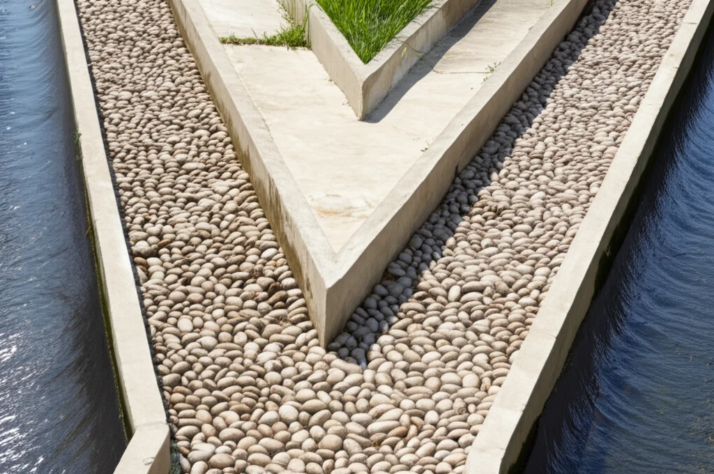 Primo piano di diverse sezioni di canali d'irrigazione, ognuna rivestita con un materiale diverso (cemento, geomembrana, pietre), a confronto. Fotografia still life comparativa, obiettivo 50mm, illuminazione controllata per evidenziare le texture, alta definizione.