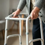 Primo piano di una persona anziana che si alza da una sedia usando un deambulatore moderno. L'immagine è scattata con un obiettivo prime da 35mm, con profondità di campo ridotta per focalizzare sull'interazione mani-deambulatore. Luce naturale morbida, stile fotorealistico, colori caldi.