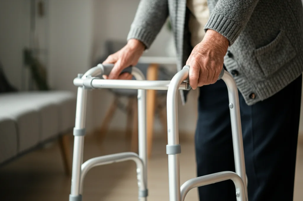 Primo piano di una persona anziana che si alza da una sedia usando un deambulatore moderno. L'immagine è scattata con un obiettivo prime da 35mm, con profondità di campo ridotta per focalizzare sull'interazione mani-deambulatore. Luce naturale morbida, stile fotorealistico, colori caldi.