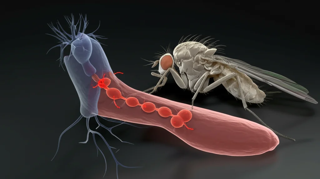 Primo piano fotorealistico di un moscerino della frutta (Drosophila) addormentato su una superficie scura e leggermente riflettente. Accanto, una rappresentazione grafica 3D semi-trasparente dei neuroni chiave nel suo cordone nervoso ventrale, con il canale GluClα evidenziato in rosso brillante sulla membrana neuronale. Obiettivo macro 90mm, profondità di campo molto ridotta focalizzata sull'occhio del moscerino, illuminazione laterale soffusa che crea ombre morbide.