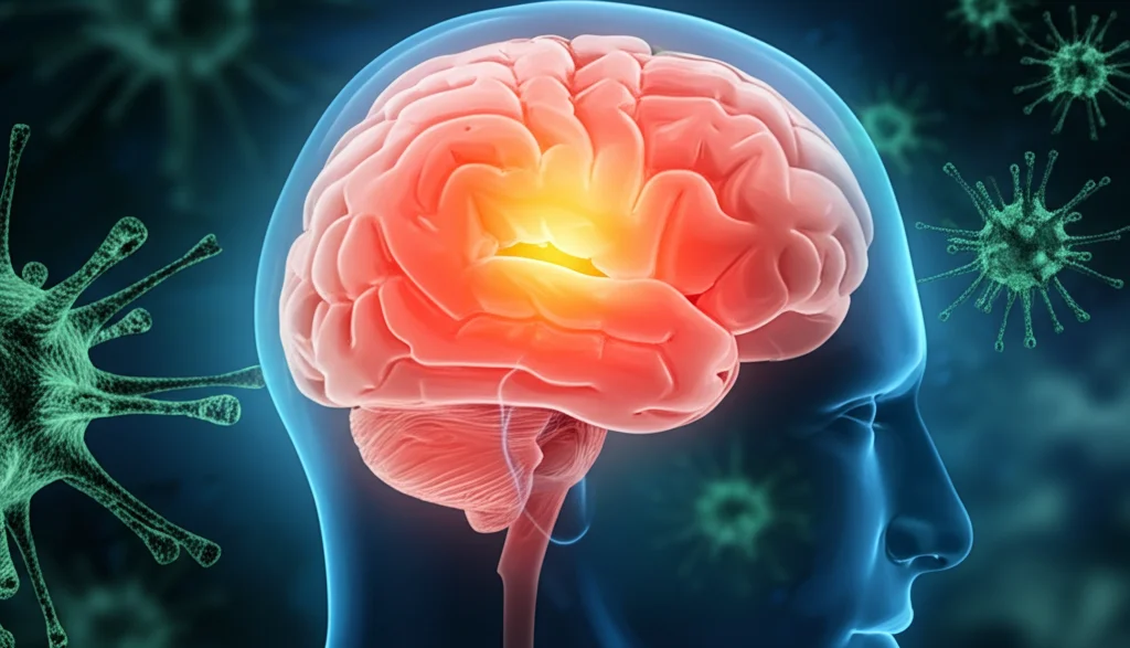 Visualizzazione 3D stilizzata del cervello umano con i talami evidenziati in rosso acceso, sovrapposta a un'immagine astratta di particelle virali Dengue. Stile fotorealistico medico-scientifico, illuminazione drammatica, focus sui talami.