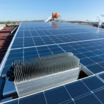Installazione di pannelli solari fotovoltaici su un tetto sotto il sole splendente, con dettaglio visibile di un sistema PVTE integrato con dissipatore di calore a pinne (pin fin) in alluminio, vista grandangolare 24mm a fuoco nitido, luce diurna brillante.