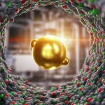Modello atomico fotorealistico di un singolo atomo di platino (sfera dorata brillante) incastonato in una struttura cristallina porosa di zeolite MFI germanosilicata (atomi di Si grigi, O rossi, Ge verdi), illuminazione suggestiva che evidenzia l'atomo di platino all'interno di un canale, sfondo sfocato di un reattore chimico industriale high-tech, macro lens 60mm, high detail, precise focusing.