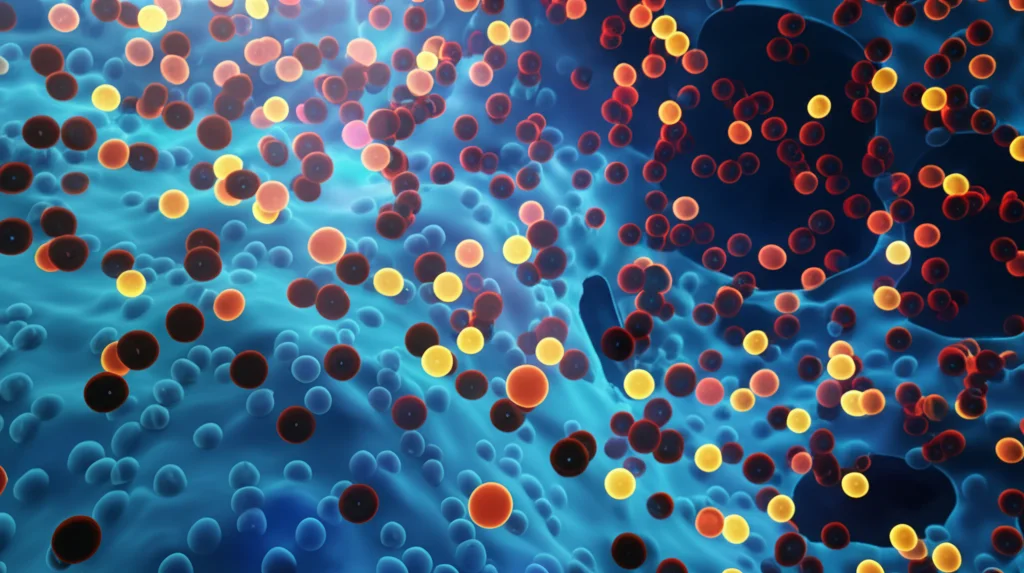 Visualizzazione 3D astratta di microsfere radioattive (sfere luminose di varie dimensioni e colori caldi) distribuite in modo non uniforme all'interno di una struttura traslucida bluastra che rappresenta il tessuto epatico, con alcune aree densamente popolate e altre quasi vuote, illuminazione drammatica laterale, per simboleggiare la distribuzione eterogenea della dose nella TARE.