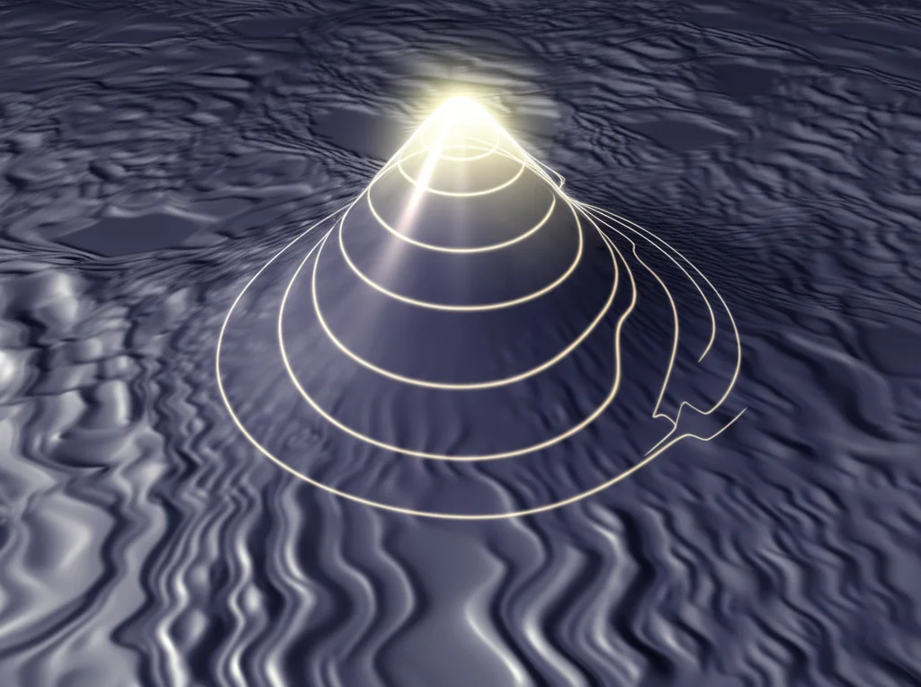 Visualizzazione astratta della convergenza di serie matematiche bidimensionali (Walsh-Fourier) mediate da pesi (Nörlund). L'immagine mostra una superficie complessa con regioni che convergono (lisce) e altre che divergono (frastagliate), con una restrizione a forma di cono evidenziata da linee luminose. Stile fotorealistico con illuminazione da studio, texture dettagliate.