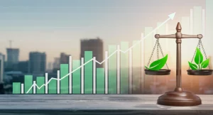 Immagine concettuale che mostra l'equilibrio tra un grafico finanziario in crescita e un simbolo verde della sostenibilità su una bilancia, ambientata sullo skyline di una metropoli indiana come Mumbai. Luce del tardo pomeriggio, obiettivo 50mm, effetto bokeh sullo sfondo.