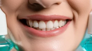 Immagine concettuale di un sorriso con otturazioni in composito bianco splendente, accostato a flaconi di collutorio sbiancante, uno dei quali scuro a indicare il carbone attivo. Illuminazione da studio, focus selettivo sul sorriso, lente prime 50mm, profondità di campo.