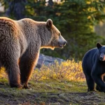 Immagine fotorealistica di un orso bruno (Ursus arctos) e un orso nero americano (Ursus americanus) che si osservano a distanza in un paesaggio montano del Nord America occidentale al crepuscolo. Teleobiettivo zoom 300mm, fast shutter speed per congelare il momento, luce dorata, action or movement tracking leggero per la naturalezza.