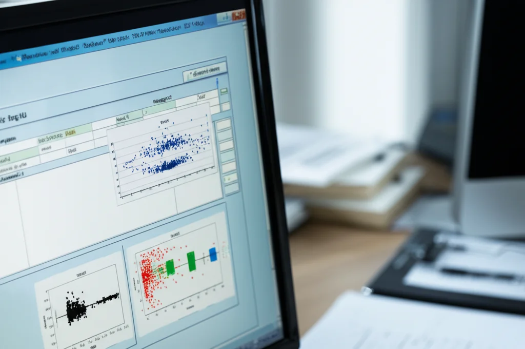 Immagine fotorealistica: Schermo di un computer che mostra affiancati un questionario SF-36 digitale parzialmente compilato e una serie di grafici statistici complessi (scatterplot, boxplot) che confrontano i risultati di diversi metodi di analisi usando l'SES. L'illuminazione è quella tipica di un ufficio di ricerca, con riflessi sullo schermo. Scatto con obiettivo prime da 35mm, profondità di campo che mette a fuoco lo schermo lasciando intravedere una scrivania ordinata sullo sfondo.