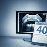Immagine simbolica e fotorealistica: una mammografia digitale visualizzata su uno schermo ad alta definizione accanto a un calendario aperto che segna chiaramente l'età di 40 anni. Luce laterale drammatica che crea ombre profonde, stile duotone blu e grigio per un'atmosfera seria ma tecnologica, obiettivo 50mm, focus selettivo sulla data '40' e sull'immagine diagnostica sullo schermo.