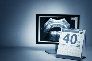 Immagine simbolica e fotorealistica: una mammografia digitale visualizzata su uno schermo ad alta definizione accanto a un calendario aperto che segna chiaramente l'età di 40 anni. Luce laterale drammatica che crea ombre profonde, stile duotone blu e grigio per un'atmosfera seria ma tecnologica, obiettivo 50mm, focus selettivo sulla data '40' e sull'immagine diagnostica sullo schermo.