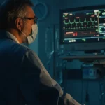 Medico in un'unità di terapia intensiva che osserva un monitor con grafici complessi e il punteggio EASIX evidenziato, simboleggiando la predizione del rischio per un paziente con fibrillazione atriale, luce drammatica, profondità di campo, obiettivo 50mm, stile cinematografico
