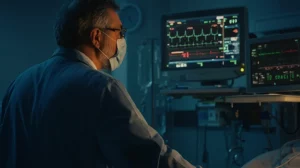 Medico in un'unità di terapia intensiva che osserva un monitor con grafici complessi e il punteggio EASIX evidenziato, simboleggiando la predizione del rischio per un paziente con fibrillazione atriale, luce drammatica, profondità di campo, obiettivo 50mm, stile cinematografico