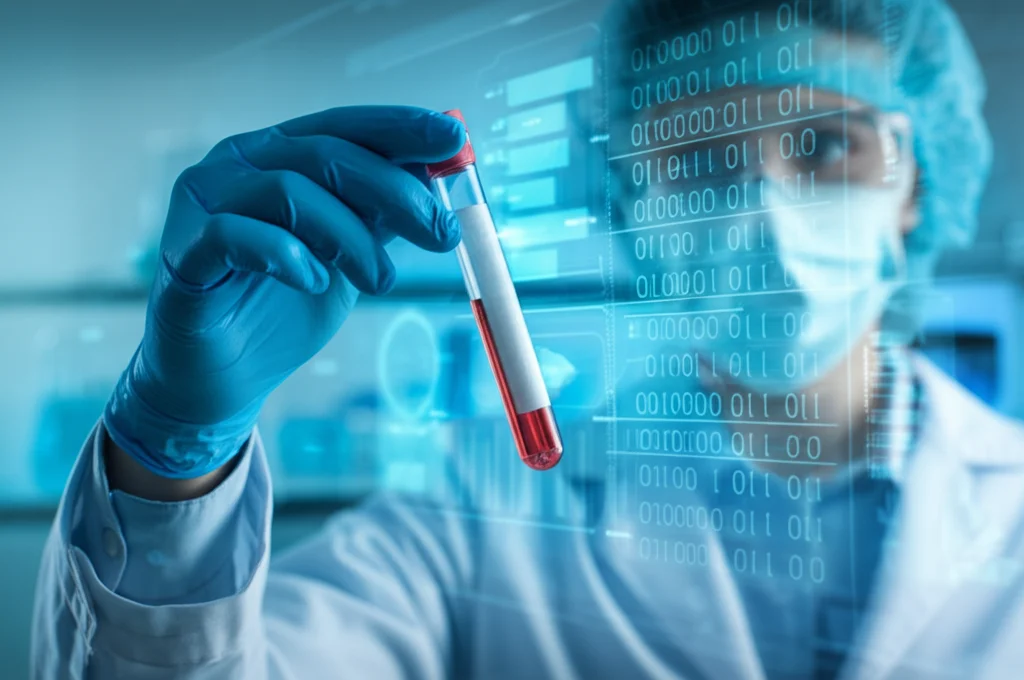 Primo piano di una mano guantata da scienziato che tiene una provetta con un campione di DNA davanti a uno schermo con dati genetici, focus sulla provetta, sfondo sfocato del laboratorio, illuminazione da laboratorio, lente macro 60mm.