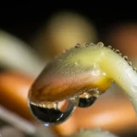 Primo piano macro di semi di pomodoro trattati con un estratto di microalghe verdi, mostrando le prime fasi della germinazione con radichette bianche e delicate emergenti dal tegumento del seme. Lente macro 105mm, alta definizione, illuminazione controllata laterale per creare ombre morbide ed evidenziare la texture umida del seme e la delicatezza della radichetta, goccioline d'acqua scintillanti visibili sulla superficie.