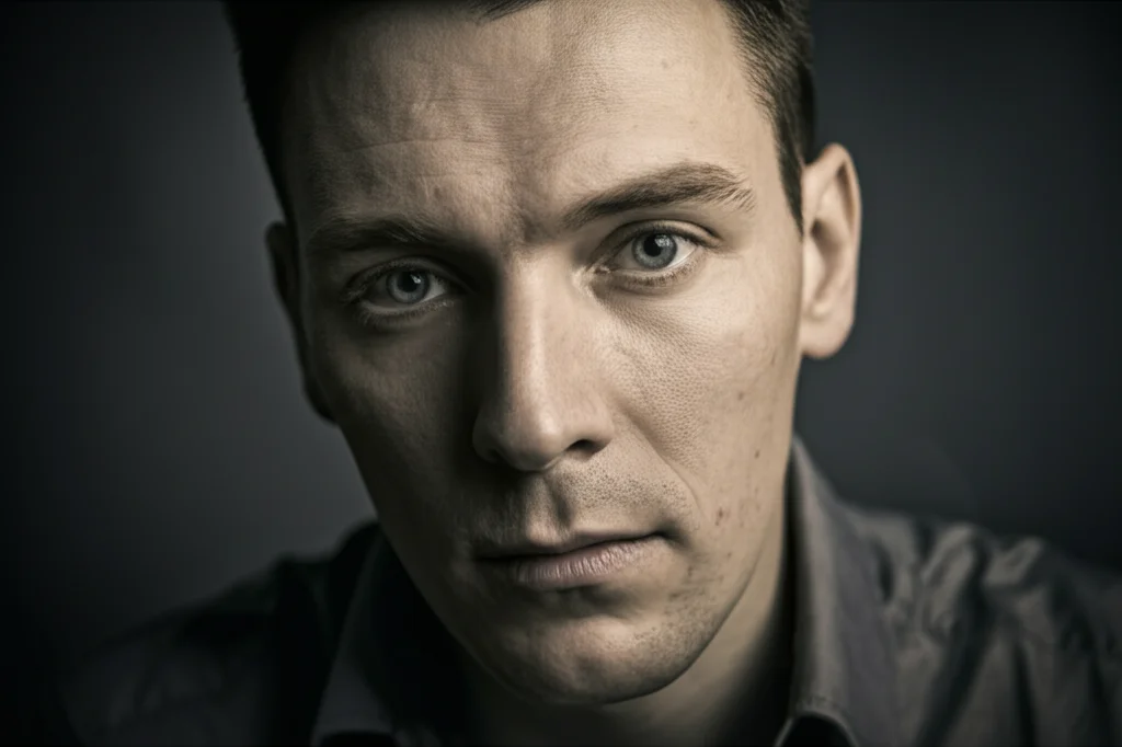 Ritratto fotografico realistico di una persona che guarda direttamente la telecamera con un'espressione complessa, metà pensierosa, metà emotiva, suggerendo conflitto interno o profonda considerazione riguardo a dilemmi morali. Obiettivo prime 35mm, profondità di campo, sottile effetto duotone (grigio freddo e seppia caldo).