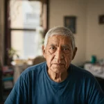 Ritratto fotorealistico di un uomo anziano, circa 75 anni, etnia ispanica, seduto da solo nel suo soggiorno modestamente arredato nel Bronx, guardando verso la telecamera con un'espressione neutra a leggermente malinconica. La luce morbida e naturale di una finestra vicina si illumina metà del viso. Utilizzare una lente primaria, 35 mm, profondità di campo creando uno sfondo leggermente sfocato che mostra mobili semplici. Concentrati sul trasporto di vulnerabilità e l'impostazione domestica.