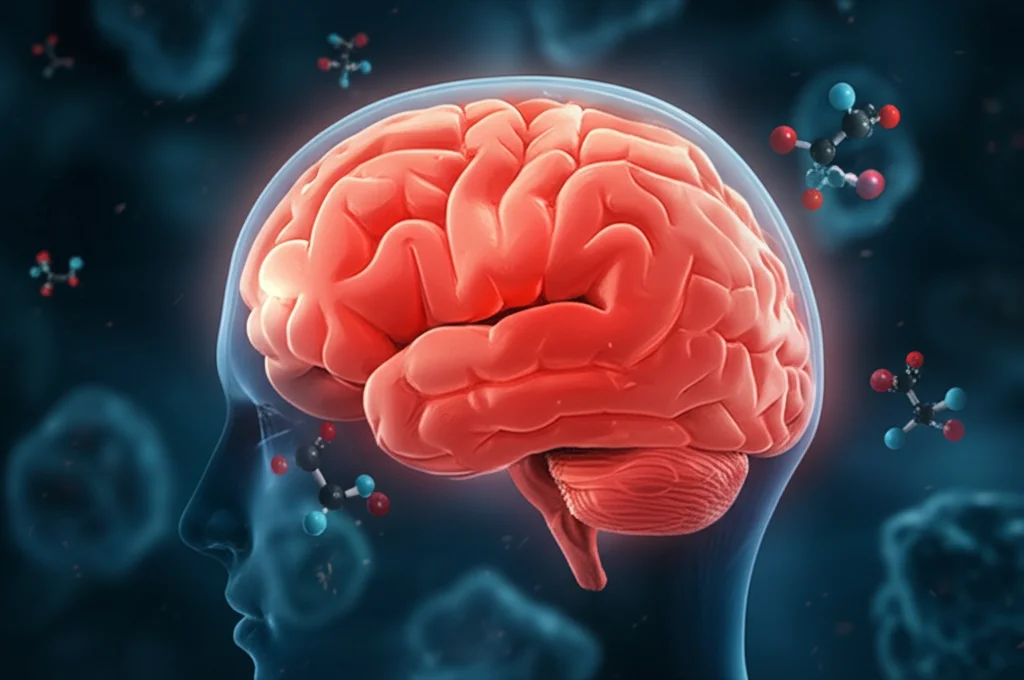Visualizzazione concettuale del cervello maschile con aree infiammate evidenziate in rosso e molecole di androgeni (testosterone) stilizzate che interagiscono con esso. Sullo sfondo, strutture simili a placche amiloidi sfocate. Illuminazione drammatica, focus selettivo sul cervello e sulle molecole, stile fotorealistico con profondità di campo.