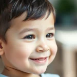 Fotografia ritratto, lente 35mm prime, che cattura un bambino sorridente con un processore di impianto cocleare visibile dietro l'orecchio. Il bambino guarda verso la camera con un'espressione pensierosa ma positiva. Illuminazione naturale morbida, leggera profondità di campo che sfoca lo sfondo. Effetto duotone utilizzando grigio caldo e blu tenue per un'atmosfera delicata.