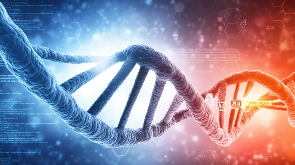 Illustrazione concettuale di un filamento di DNA con un elemento Alu evidenziato che si inserisce, simboleggiando la scoperta genetica. Sfondo astratto con pattern di metilazione. Obiettivo prime 35mm, profondità di campo, colori blu e arancio duotone.