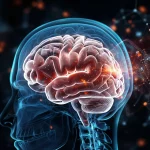 Immagine concettuale del cervello umano con sovrapposizioni di reti molecolari complesse (proteine, geni, miRNA) che illustrano l'approccio multi-omico allo studio del PTSD, colori vibranti su sfondo scuro, stile fotorealistico scientifico, lente prime 35mm, profondità di campo.