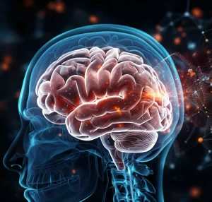 Immagine concettuale del cervello umano con sovrapposizioni di reti molecolari complesse (proteine, geni, miRNA) che illustrano l'approccio multi-omico allo studio del PTSD, colori vibranti su sfondo scuro, stile fotorealistico scientifico, lente prime 35mm, profondità di campo.
