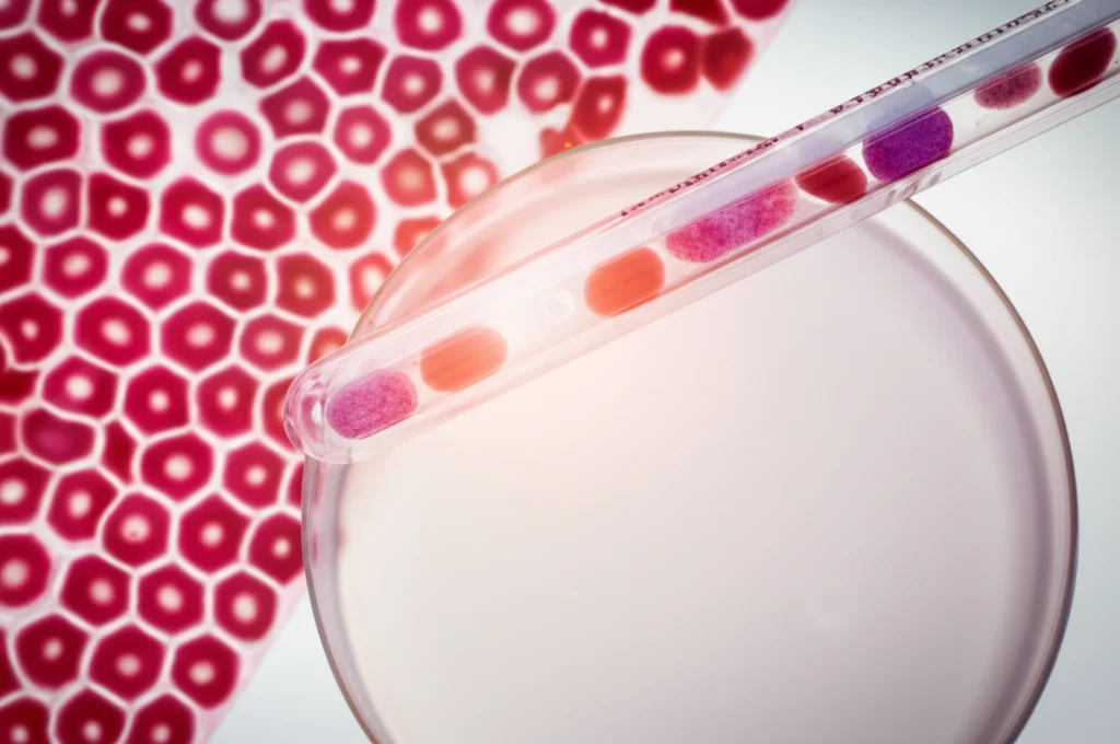 Immagine macro ad alta definizione di una provetta di siero sanguigno in un laboratorio di ricerca, con luce controllata che evidenzia le cellule del sangue, simboleggiando l'analisi della mieloperossidasi. Obiettivo macro 100mm, alta precisione di messa a fuoco.