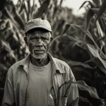 Ritratto di un piccolo agricoltore tanzaniano anziano, espressione preoccupata, in piedi accanto al suo campo di mais parzialmente danneggiato, luce naturale del mattino, profondità di campo ridotta per sfocare lo sfondo, obiettivo 35mm, toni seppia e grigio duotone.