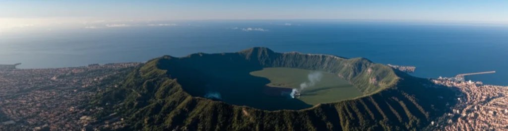 Veduta aerea ampia dei Campi Flegrei che mostra la caldera, il mare e l'area urbanizzata circostante, con leggere fumarole visibili dalla Solfatara. Landscape wide angle 15mm, sharp focus, luce del mattino, atmosfera vibrante.