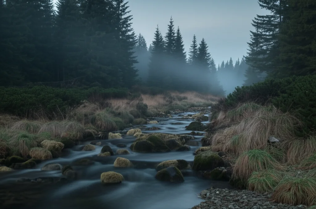 Veduta paesaggistica di una foresta di conifere nella Repubblica Ceca all'alba, nebbia leggera che si alza tra gli abeti rossi, un piccolo ruscello serpeggia in primo piano tra rocce muschiose. Obiettivo grandangolare 15mm, lunga esposizione per rendere l'acqua setosa e le nuvole/nebbia morbide, colori tenui e freddi dell'alba, focus nitido sull'intera scena.