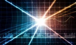 Visualizzazione artistica ma fotorealistica di una collisione di particelle (processo Drell-Yan) all'interno di un acceleratore come l'LHC. Tracce luminose di particelle emergono da un punto centrale brillante, sovrapposte a una griglia di dati astratta e traslucida che simboleggia le griglie di interpolazione. Teleobiettivo zoom 150mm, fast shutter speed, action tracking, high detail, illuminazione drammatica con contrasti forti.