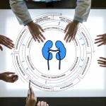 Fotografia realistica, vista dall'alto, di mani diverse (medico, paziente, policy maker) che collaborano attorno a un tavolo luminoso su cui è proiettato un complesso diagramma di causalità circolare relativo alla terapia renale. Obiettivo 24mm, luce soffusa ma focalizzata sul diagramma, atmosfera di collaborazione e analisi.