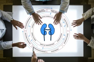Fotografia realistica, vista dall'alto, di mani diverse (medico, paziente, policy maker) che collaborano attorno a un tavolo luminoso su cui è proiettato un complesso diagramma di causalità circolare relativo alla terapia renale. Obiettivo 24mm, luce soffusa ma focalizzata sul diagramma, atmosfera di collaborazione e analisi.