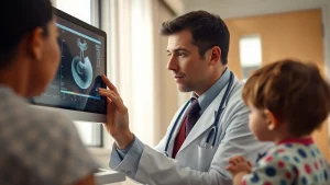Fotografia stile reportage medico: un pediatra esamina con attenzione un'ecografia della vescica su uno schermo, in un ambulatorio luminoso. Accanto, una madre e un bambino (visibile solo di spalle o parzialmente) ascoltano. Obiettivo zoom 24-35mm, profondità di campo per mettere a fuoco il medico e lo schermo, luce naturale morbida.