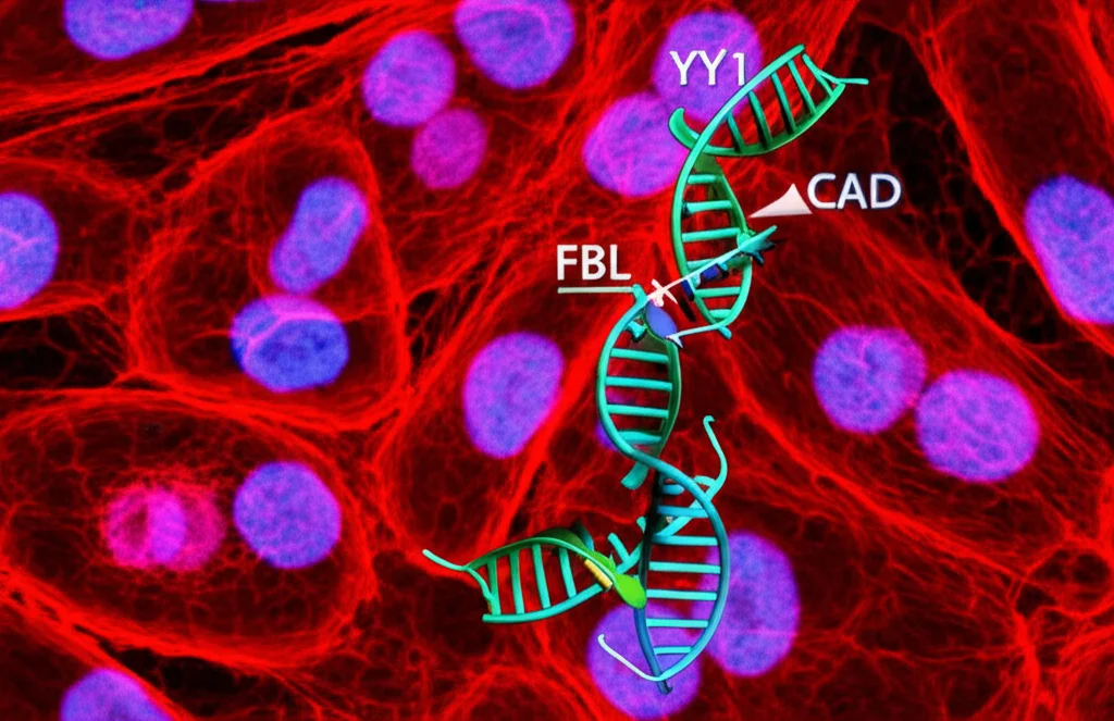 Illustrazione scientifica fotorealistica del meccanismo FBL-YY1-CAD nel nucleo di una cellula di epatocarcinoma, con la proteina FBL (rosso) che recluta il fattore YY1 (blu) sul DNA (filamento grigio) per attivare l'espressione del gene CAD, evidenziando l'interazione molecolare. Obiettivo macro 60mm, alta definizione, illuminazione controllata focalizzata sul complesso proteico-DNA.