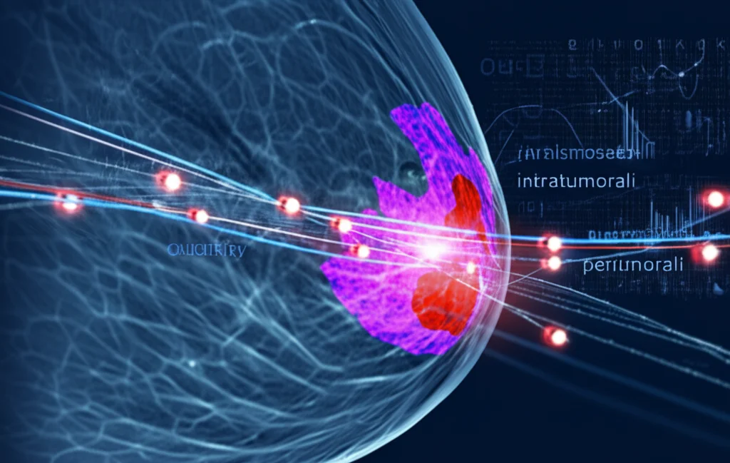 Immagine concettuale fotorealistica che mostra una scansione RM del seno con sovrapposizioni digitali luminose di dati radiomici, evidenziando chiaramente le aree intratumorali (rosse) e peritumorali (viola). Profondità di campo, obiettivo 35mm, toni blu e viola duotone per un look tecnologico e medico.