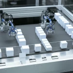 Immagine fotorealistica concettuale: blocchi di diverse dimensioni (jobs) ordinati dal più grande al più piccolo su un nastro trasportatore che entrano in un'area di attesa trasparente (buffer) prima di essere smistati da bracci robotici verso diverse postazioni di lavoro (machines). Luce controllata, high detail, macro lens 85mm.