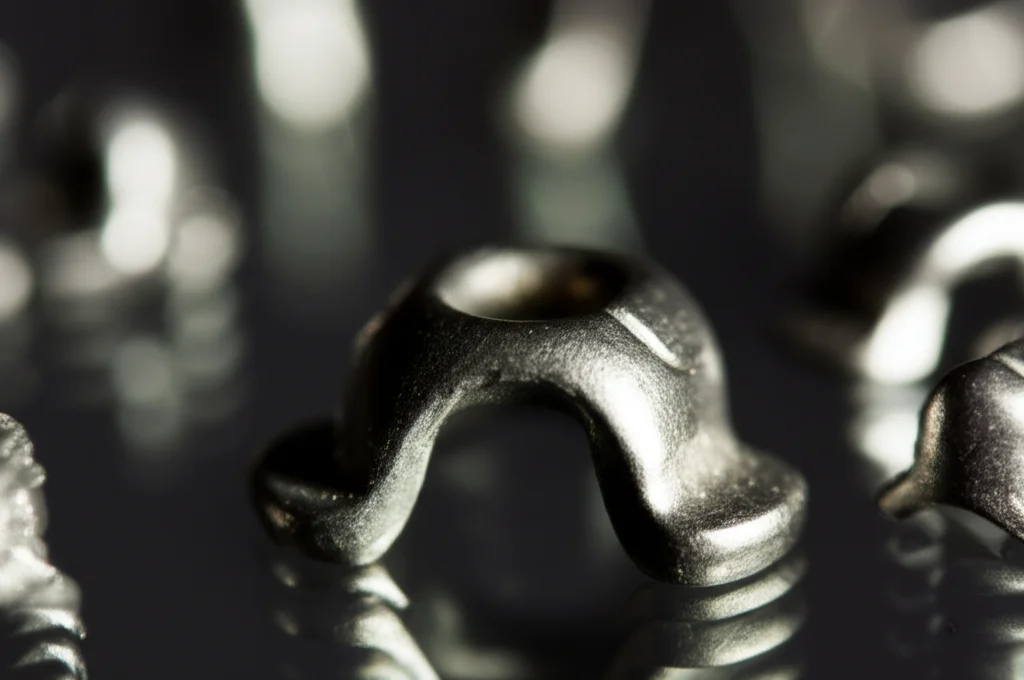 Immagine macro ad alta definizione di diversi attacchi ortodontici in acciaio inossidabile, alcuni leggermente opacizzati o con segni di corrosione superficiale, disposti su una superficie riflettente. Illuminazione drammatica laterale, obiettivo macro 105mm, messa a fuoco selettiva su un attacco centrale.