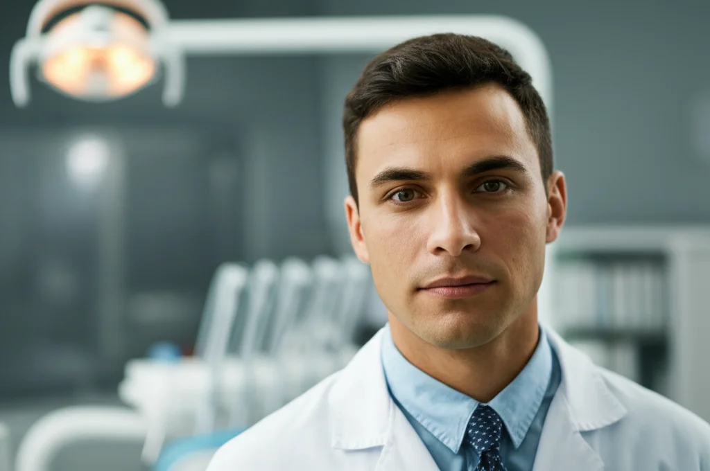 Ritratto intenso di uno studente di odontoiatria che guarda direttamente verso la camera, sullo sfondo sfocato strumenti dentali e libri. L'espressione combina determinazione e un accenno di stanchezza. Illuminazione da studio con un leggero chiaroscuro per enfatizzare i tratti del viso. Obiettivo 50mm, profondità di campo ridotta, colori naturali ma vividi.