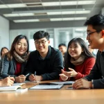 Studenti universitari cinesi sorridenti e impegnati in una discussione collaborativa in una luminosa aula moderna. Fotografia di gruppo, obiettivo 24mm, profondità di campo che mostra l'interazione, luce naturale.