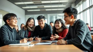 Studenti universitari cinesi sorridenti e impegnati in una discussione collaborativa in una luminosa aula moderna. Fotografia di gruppo, obiettivo 24mm, profondità di campo che mostra l'interazione, luce naturale.