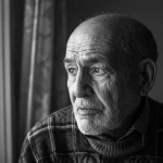 Uomo anziano con difficoltà respiratorie guarda fuori dalla finestra con aria malinconica, simboleggiando il disagio psicologico nella BPCO, fotografia ritratto 35mm, bianco e nero filmico, profondità di campo.