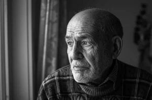 Uomo anziano con difficoltà respiratorie guarda fuori dalla finestra con aria malinconica, simboleggiando il disagio psicologico nella BPCO, fotografia ritratto 35mm, bianco e nero filmico, profondità di campo.
