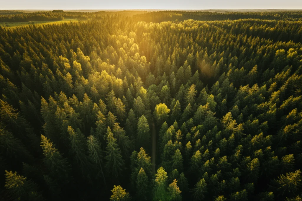 Visione aerea grandangolare di una foresta lussureggiante e diversificata in Germania, con sentieri che si intrecciano visibilmente come una rete, simboleggiando le connessioni tra natura, persone e governance, obiettivo grandangolare 15mm, luce dorata del tardo pomeriggio che illumina le cime degli alberi, messa a fuoco nitida su tutta la scena.