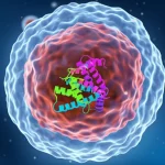 Visualizzazione artistica 3D della proteina TRIP13 che interagisce con il DNA all'interno di un nucleo cellulare, concetto di ricerca sul cancro e biologia molecolare, alta risoluzione, illuminazione scientifica.
