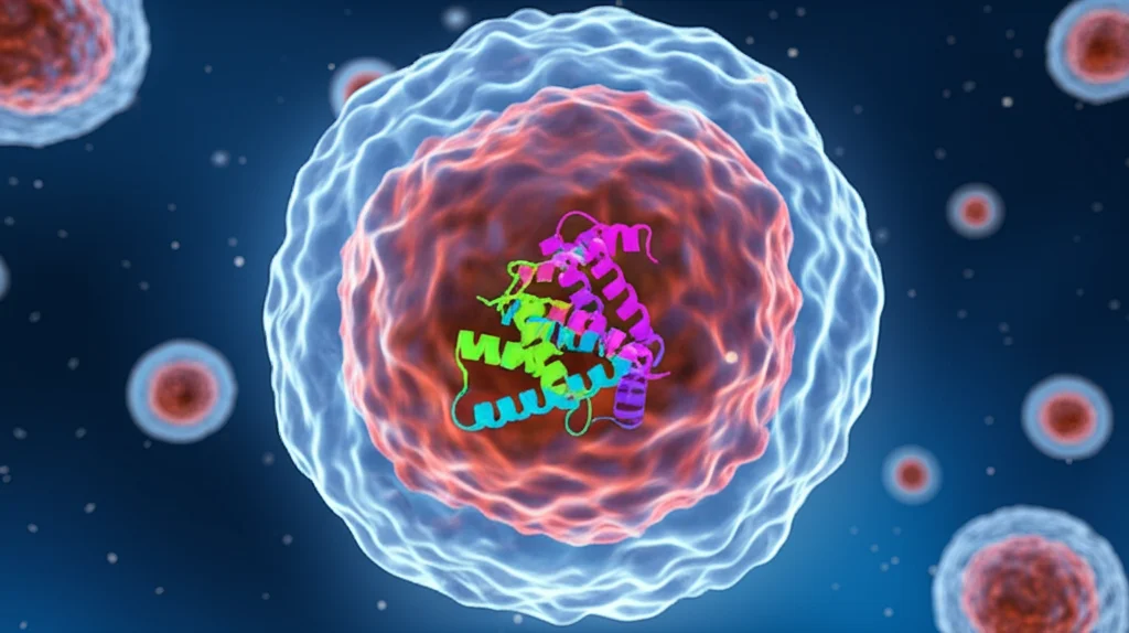 Visualizzazione artistica 3D della proteina TRIP13 che interagisce con il DNA all'interno di un nucleo cellulare, concetto di ricerca sul cancro e biologia molecolare, alta risoluzione, illuminazione scientifica.