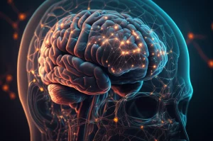 Visualizzazione artistica fotorealistica della corteccia cerebrale umana in sviluppo, con reti neurali luminose sovrapposte che rappresentano i meta-moduli genetici identificati dall'analisi integrata di atlanti molecolari. Illuminazione drammatica, stile cinematografico con profondità di campo, obiettivo 35mm, toni blu e arancio duotone.